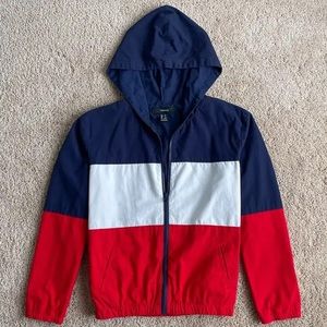 Forever 21 Striped Red, White, and Blue Hoodie Zip Up Jacket Size Medium